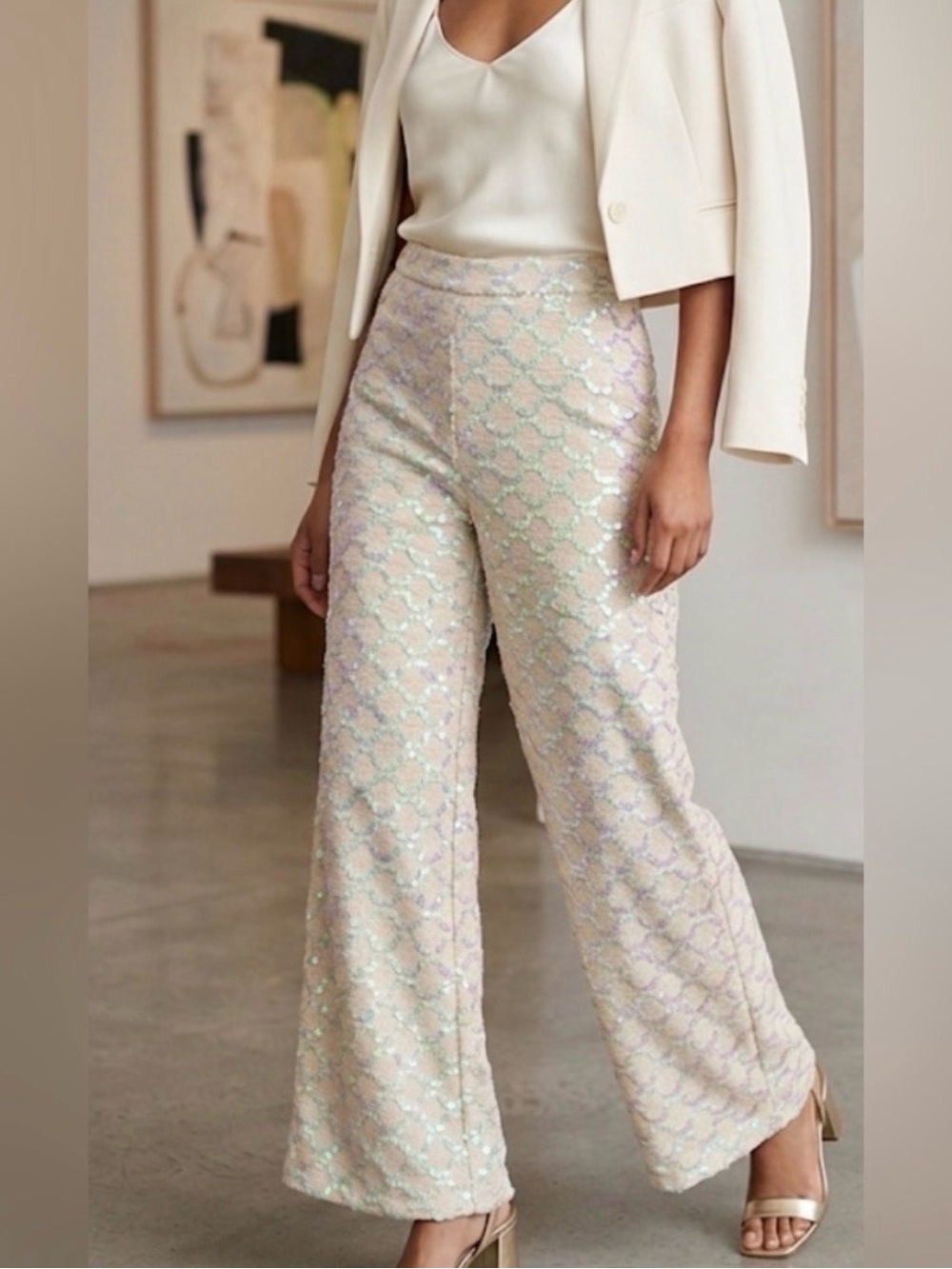 Anthropologie Iridescent Sequin Wide-Leg Pants in Cream and Pastel